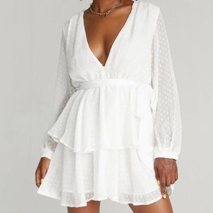 Princess Polly White Legendary Lovers Dotted Plunge Ruffle Tiered Mini Dress XS